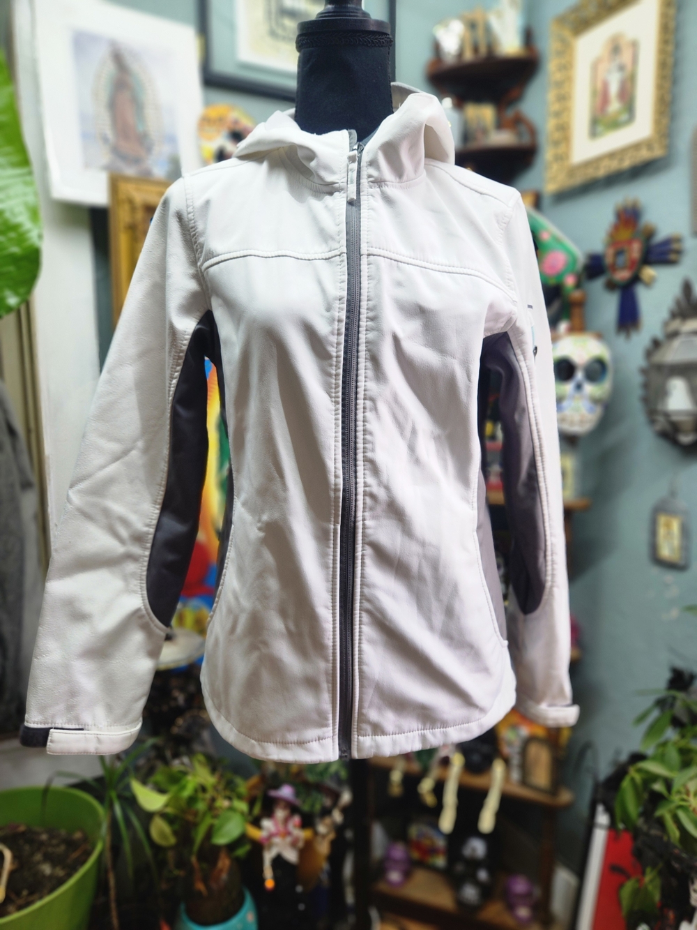 Women's White Hooded Softshell Ski Jacket with Contrast Panels